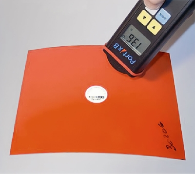 Determine emissivity by comparison measurement on emission adhesive tape with defined emissivity.